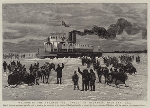Congratulando-se com o Steamer St Ignace em Mackinac, Michigan, EUA
